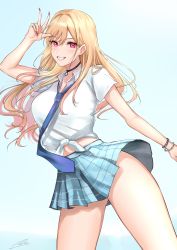 Rule 34 | 1girl, absurdres, black choker, blonde hair, blush, breasts, choker, gradient hair, grin, highres, jewelry, kitagawa marin, large breasts, long hair, looking at viewer, multicolored hair, nyctea snow, pleated skirt, red eyes, school uniform, skirt, smile, solo, sono bisque doll wa koi wo suru, thighs, uniform, v