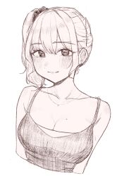 1girl aegyo_sal baksangmin blush breasts cleavage collarbone commentary cropped_torso earrings greyscale highres jewelry light_smile long_hair looking_at_viewer medium_breasts monochrome original shirt side_ponytail simple_background sketch sleeveless sleeveless_shirt solo upper_body white_background