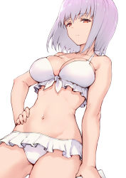 Rule 34 | 10s, 1girl, arm at side, bikini, breasts, cleavage, closed mouth, contrapposto, cowboy shot, frilled bikini, frills, frown, gluteal fold, gridman universe, hand on own hip, haoni, large breasts, light purple hair, navel, red eyes, shinjou akane, short hair, simple background, solo, ssss.gridman, swimsuit, white background, white bikini