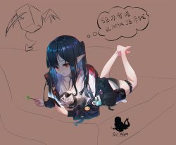 Rule 34 | 1girl, absurdres, arknights, barefoot, black choker, black hair, black jacket, black panties, blush, breasts, candy, cellphone, chinese commentary, choker, closed mouth, closure (arknights), demon tail, demon wings, eyelashes, food, full body, highres, jacket, lollipop, looking at phone, lying, medium breasts, medium hair, no pants, omone hokoma agm, on stomach, panties, parted bangs, partially colored, phone, pointy ears, red eyes, shirt, smartphone, solo, t-shirt, tail, thigh strap, thought bubble, twintails, underwear, white shirt, wings