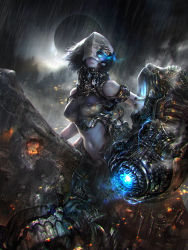 Rule 34 | 10s, 1girl, abyssal ship, armlet, armor, bacius, backlighting, bare shoulders, between breasts, black hair, black sky, blue eyes, breasts, cable, chi-class torpedo cruiser, closed mouth, cloud, crop top, eclipse, frown, glowing, glowing eyes, gorget, high collar, kantai collection, looking at viewer, looking down, machinery, moon, navel, one eye covered, rain, rust, short hair, sky, sleeveless, smoke, solo, stomach, sun, wind
