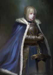 Rule 34 | 1girl, armor, armored dress, artoria pendragon (fate), avalon (fate/stay night), blonde hair, blue cape, blue dress, braid, breastplate, cape, capelet, dress, excalibur (fate/stay night), fate/grand order, fate (series), french braid, fur-trimmed cape, fur trim, highres, little owl, looking away, painterly, planted, saber (fate), solo, weapon