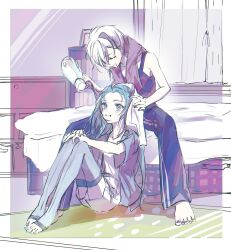 Rule 34 | 2girls, androgynous, aqua eyes, aqua hair, aqua nails, bed, commentary, curtains, drying, drying hair, flower (vocaloid), flower (vocaloid4), grin, hair dryer, hands on own knees, hatsune miku, highres, holding, holding hair dryer, indoors, karanagare, knees up, looking at another, looking down, multicolored hair, multiple girls, nail polish, own hands together, pants, purple hair, purple nails, purple pants, purple shirt, shirt, short hair, shorts, sitting, sketch, smile, streaked hair, thighhighs, towel, towel around neck, vocaloid, white hair