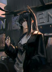 Rule 34 | 1girl, absurdres, animal ears, arknights, black hair, black jacket, building, cigarette, day, hair between eyes, hand in pocket, highres, holding, holding cigarette, jacket, jewelry, leaning against vehicle, lemtun, long hair, long sleeves, looking at viewer, necklace, open clothes, open jacket, orange eyes, outdoors, parted lips, print shirt, shirt, sidelocks, sideways glance, sign, smoke trail, solo, straight hair, texas (arknights), unfinished, white shirt, wolf ears, wolf girl