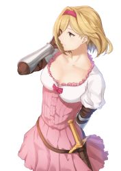 Rule 34 | 1girl, adjusting hair, arm behind back, arm guards, arm wrap, belt, blonde hair, bow, breasts, cleavage, collarbone, cowboy shot, djeeta (granblue fantasy), dress, frilled dress, frills, granblue fantasy, hair between eyes, hairband, hand up, light smile, looking away, medium breasts, medium hair, parted bangs, sheath, sheathed, simple background, swept bangs, sword, terry (pixiv3274443), weapon, white background, yellow eyes