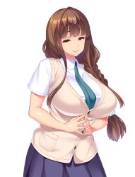 Rule 34 | 1girl, :&gt;, braid, breasts, brown hair, closed mouth, cowboy shot, eyebrows hidden by hair, female focus, game cg, green eyes, half-closed eyes, large breasts, legs, long hair, looking at viewer, necktie, nonomiya minori, original, own hands together, school uniform, shiokonbu, single braid, sister lesson, skirt, smile, solo, standing, tachi-e, thighs, transparent background, vest