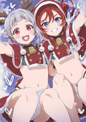 2girls :d adapted_costume antlers arashi_chisato arched_bangs arm_up artist_name azur_lane blue_background blue_eyes blush bra christmas commission cosplay eldridge_(azur_lane) eldridge_(azur_lane)_(cosplay) eldridge_(holy_night&#039;s_embrace)_(azur_lane) feet_out_of_frame flat_chest fur-trimmed_skirt fur_trim green_bra grey_hair grin hair_between_eyes hair_bun hair_through_headwear heart heart_in_mouth highres horns kitahara_tomoe_(kitahara_koubou) long_hair looking_at_viewer love_live! love_live!_superstar!! miniskirt multiple_girls navel open_mouth outstretched_arm red_eyes red_hair red_skirt reindeer_antlers santa_costume short_hair_with_long_locks signature single_side_bun skeb_commission skirt smile stomach underwear yoneme_mei