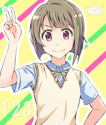 Rule 34 | 1girl, artist name, artist request, blue shirt, blush, breasts, brown hair, cardigan, cardigan vest, collared shirt, crown (symbol), crown print, female focus, grey hair, grey shirt, hand on own hip, light brown hair, looking at viewer, love live!, love live! nijigasaki high school idol club, na o, na o (na o 1102), nakasu kasumi, neck ribbon, nijigasaki school uniform, parted lips, purple eyes, red eyes, ribbon, school uniform, shirt, short hair, short sleeves, small breasts, smile, solo, sweater vest, upper body, v, vest, white shirt, yellow ribbon, yellow vest