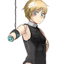 Rule 34 | 1girl, amputee, android, black leotard, blonde hair, blue eyes, closed mouth, cowboy shot, diva (hyxpk), highres, leotard, looking at viewer, original, short hair, simple background, sketch, solo, white background