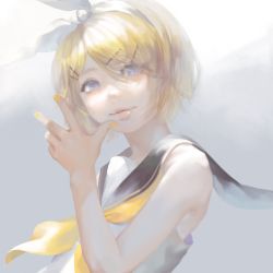 Rule 34 | 1girl, blonde hair, blue eyes, blurry, bow, fingernails, hair bow, hair ornament, hairclip, hand gesture, hand up, highres, kagamine rin, light, light smile, lips, looking at viewer, looking to the side, muted color, nail polish, sailor collar, satomatoma, short hair, simple background, solo, vocaloid, wind, yellow nails