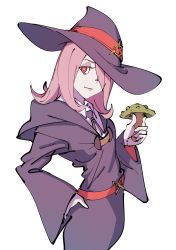 Rule 34 | 1girl, absurdres, bad id, bad pixiv id, black neckwear, hair over one eye, hand on own hip, hat, highres, holding, holding mushroom, kr ohoshisama, little witch academia, long hair, looking at viewer, mushroom, pale skin, pink hair, red eyes, robe, school uniform, simple background, solo, standing, sucy manbavaran, white background, wide sleeves, witch hat