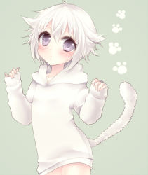 Rule 34 | 1girl, bad id, bad pixiv id, blush, cat tail, grey background, grey eyes, hand up, hood, hood down, hoodie, looking at viewer, nako (7cona5), original, paw print, short hair, solo, standing, tail, white hair