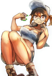Rule 34 | 1girl, baseball cap, boots, breasts, brown eyes, brown footwear, brown hair, crop top, eating, fio germi, food, glasses, hat, hatano kiyoshi, holding, holding food, knees together feet apart, metal slug, ponytail, sandwich, shorts, simple background, sleeveless, solo, thighs, vest, white background
