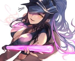 Rule 34 | 1girl, baton, black hair, blush, bodystocking, breasts, cleavage, fate/grand order, fate (series), fingerless gloves, gloves, glowstick, hat, large breasts, long hair, looking at viewer, necktie, open mouth, peaked cap, pink hair, ponytail, sessyoin kiara, sessyoin kiara (swimsuit mooncancer), sessyoin kiara (swimsuit mooncancer) (second ascension), signature, solo, tomochi (tmc tmc8), torn clothes, torn legwear, very long hair, vest, white background, yellow eyes