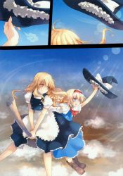 Rule 34 | 2girls, absurdres, alice margatroid, blonde hair, blue eyes, boots, braid, broom, broom riding, day, female focus, hairband, hat, highres, huge filesize, kirisame marisa, mary janes, multiple girls, multiple riders, scan, shoes, short hair, sidesaddle, sky, tenshimuma, tian shi meng mo, touhou, witch, witch hat
