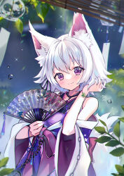 Rule 34 | 07touka25, 1girl, :3, absurdres, alba mofu, animal ears, clover, folding fan, four-leaf clover, fox ears, fox girl, fox tail, hand fan, highres, japanese clothes, kimono, long sleeves, looking at viewer, off shoulder, plant, pocket watch, purple eyes, seventh happiness, short hair, smile, tail, watch, water drop, white hair, wide sleeves