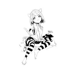 Rule 34 | 1girl, animal ears, annie (league of legends), barefoot, closed mouth, ejami, feet, greyscale, looking at viewer, monochrome, paper, short hair, simple background, skirt, solo, striped legwear, stuffed animal, stuffed toy, white background