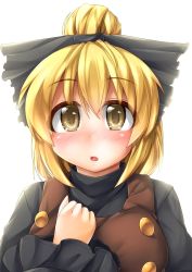 Rule 34 | 1girl, :o, blonde hair, blush, bow, female focus, fun bo, hair bow, kurodani yamame, looking at viewer, revision, short hair, simple background, solo, touhou, upper body, white background, yellow eyes