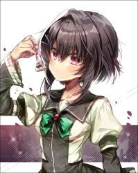 Rule 34 | 1girl, 9-nine-, arm at side, black hair, black sailor collar, blush, bow, breasts, chi no, commentary request, eyes visible through hair, frilled sleeves, frills, green bow, hair between eyes, hair intakes, hair ornament, hairclip, hand up, holding chess piece, juliet sleeves, long sleeves, looking at viewer, parted lips, puffy sleeves, red eyes, sailor collar, school uniform, short hair with long locks, simple background, small breasts, solo, upper body, white background, wide sleeves, x hair ornament, yuuki noa