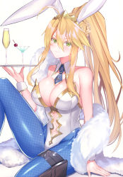 Rule 34 | 1girl, absurdres, ahoge, animal ears, artoria pendragon (all), artoria pendragon (fate), artoria pendragon (swimsuit ruler) (fate), bare shoulders, blonde hair, blue neckwear, blue pantyhose, blush, braid, breasts, cleavage, clothing cutout, detached collar, fake animal ears, fate/grand order, fate (series), feather boa, fishnet pantyhose, fishnets, french braid, green eyes, hair between eyes, highleg, highleg leotard, highres, holster, large breasts, leotard, long hair, looking at viewer, navel, navel cutout, necktie, open mouth, pantyhose, playboy bunny, ponytail, rabbit ears, sidelocks, sitting, smile, suzuho hotaru, thigh holster, third-party source, tiara, white background, white leotard, wrist cuffs