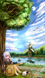 Rule 34 | 1girl, a6m zero, absurdres, against tree, alternate costume, arm support, barefoot, burning, chinese commentary, cloud, commentary request, crash, cross, dated, day, dirt road, dock, door, galo (warship girls r), harmonica, hat, highres, instrument, music, patch, picnic basket, playing instrument, puddle, purple eyes, purple hair, reeds, river, riverbank, rowboat, signature, sinking, sitting, sky, solo, straw hat, tree, warship girls r, windmill, yimaxue, yukikaze (warship girls r)