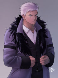 Rule 34 | 1boy, alternate costume, closed mouth, coat, collarbone, commentary, dark-skinned male, dark skin, dated, english commentary, fur trim, grey background, grey eyes, grey hair, highres, krizalid, long sleeves, looking at viewer, male focus, purple coat, scar, scar across eye, shirt, short hair, signature, simple background, solo, tanzong830, the king of fighters, white shirt