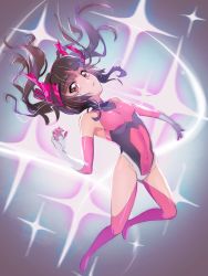 Rule 34 | 1girl, bodysuit, brown hair, commentary request, covered navel, detached sleeves, diffraction spikes, dress, full body, hair ribbon, headgear, highres, leaning back, leotard, looking at viewer, motion blur, parted bangs, parted lips, pink dress, pink leotard, pink ribbon, ribbon, senki zesshou symphogear, sleeveless, solo, standing, standing on one leg, tatsuki (pizza no tempra), thighhighs, tsukuyomi shirabe, twintails, window