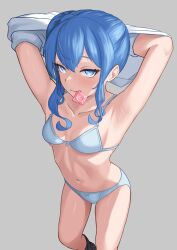 Rule 34 | 1girl, absurdres, armpits, arms behind head, arms up, blue bra, blue eyes, blue hair, blue panties, bra, breasts, collarbone, commentary, condom, condom wrapper, diptip, english commentary, grey background, highres, hololive, hoshimachi suisei, looking at viewer, mouth hold, navel, panties, shirt, side ponytail, small breasts, solo, star (symbol), star in eye, symbol in eye, underwear, undressing, virtual youtuber, white shirt