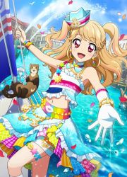 Rule 34 | 1girl, aikatsu!, aikatsu! (series), aikatsu! photo on stage!!, anchor necklace, anchor symbol, beads, bird, blonde hair, boat, bracelet, clothes writing, day, detached collar, earrings, ferret, frills, gloves, hat, jewelry, multicolored hair, natsuki mikuru, navel, necklace, ocean, open mouth, outdoors, outstretched arm, petals, pink eyes, polka dot, polka dot skirt, reaching, reaching towards viewer, sailing, sailor hat, seagull, short twintails, skirt, smile, sparkle, star (symbol), star print, streaked hair, twintails, two side up, water, water drop, watercraft