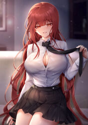Rule 34 | 1girl, absurdres, alternate costume, black necktie, breasts, cleavage, couch, elesis (elsword), elsword, half-closed eyes, hand up, highres, holding necktie, large breasts, long hair, necktie, parted lips, partially unbuttoned, pleated skirt, red eyes, red hair, rourou (been), sitting, skirt, solo, very long hair