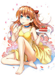 Rule 34 | 1girl, bare legs, barefoot, blush, cake, choker, dress, eating, feet, female focus, food, green eyes, hair ornament, himonoata, long hair, long legs, looking at viewer, neon genesis evangelion, orange hair, solo, souryuu asuka langley, sweets, twintails, two side up, white background, yellow dress