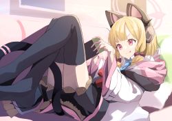 Rule 34 | 1girl, absurdres, animal ear headphones, black skirt, black thighhighs, blonde hair, blue archive, blue necktie, chamu (chammkue), closed mouth, coat, collared shirt, commentary request, couch, fake animal ears, halo, headphones, highres, long hair, momoi (blue archive), necktie, nintendo switch, red eyes, shirt, sitting sideways, skirt, smile, solo, tail, thighhighs, tongue, tongue out, v-shaped eyebrows, white coat, white shirt