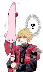 Rule 34 | 1boy, ?, blonde hair, blue eyes, commentary request, holding, holding sword, holding weapon, kirby, kirby (series), kirby and the forgotten land, meme, monado, mouthful mode, mugimugis, nintendo, short hair, shulk (xenoblade), simple background, spoken question mark, super smash bros., sword, upper body, weapon, white background, xenoblade chronicles (series), xenoblade chronicles 1