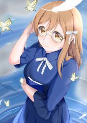 Rule 34 | 1girl, adjusting hair, artist name, artist request, blue bow, blue dress, blue skirt, blush, book, bow, breasts, brown eyes, brown hair, bug, butterfly, buttons, collared dress, dress, feathers, female focus, floating, floating object, frilled sleeves, frills, glasses, hair between eyes, hair bow, hair over shoulder, highres, holding, holding book, insect, kunikida hanamaru, light brown hair, long hair, long sleeves, looking at viewer, love live!, love live! school idol festival, love live! sunshine!!, miniskirt, mitaiken horizon, mitaiken horizon (love live!), ocean, okuraba (okuraburst0804), okuraburst0804, parted lips, plaid, plaid dress, plaid skirt, pleated, pleated dress, pleated skirt, ribbon, skirt, smile, solo, striped bow, striped ribbon, white bow, white butterfly, white feathers, white ribbon, wing collar, yellow butterfly, yellow eyes