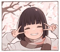 Rule 34 | 1girl, 1ssakawaguchi, ahoge, black hair, blush, bob cut, cherry blossoms, closed eyes, double v, facing viewer, highres, original, scarf, short hair, sleeves past wrists, smile, solo, sweater, upper body, v