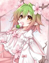 Rule 34 | 1girl, absurdres, bow, cherry blossoms, dango, dutch angle, flower, food, gradient hair, green hair, hair flower, hair ornament, highres, horns, kinomiki nobori, long sleeves, multicolored hair, original, outdoors, pink bow, pink hair, pointy ears, solo, upper body, wagashi, yellow eyes