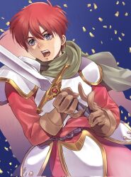 1boy adol_christin armor blue_background brown_gloves commentary_request faulds gloves gold_trim green_scarf grey_eyes hair_between_eyes highres holding holding_sword holding_weapon katt_sun male_focus open_mouth pauldrons red_hair scarf shoulder_armor solo sword teeth upper_teeth_only weapon ys ys_iii_wanderers_of_ys