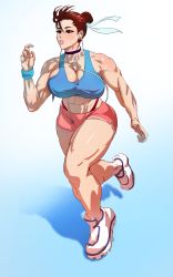 Rule 34 | 1girl, abs, absurdres, breasts, brown eyes, brown hair, capcom, chun-li, cleavage, female focus, headphones, highres, idlecum, jogging, large breasts, muscular, muscular female, shorts, solo, street fighter, thong, toned, workout clothes