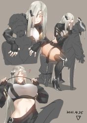 Rule 34 | 1boy, 1girl, absurdres, alchemist (girls&#039; frontline), blindfold, boots, bound, bound ankles, bound wrists, breasts, commission, dated, eyepatch, faceless, faceless male, facial hair, femdom, fingerless gloves, gag, girls&#039; frontline, gloves, grin, hair over one eye, headgear, heart, highres, large breasts, long hair, navel, on chair, open clothes, open shirt, riding crop, sangvis ferri, short hair, silver hair, sitting, sitting on person, smile, straddling, straight hair, thick thighs, thigh boots, thighhighs, thighs, tied to chair, triangle bullet, yellow eyes