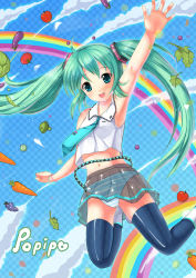Rule 34 | apple, armpits, bad id, bad pixiv id, blue eyes, broccoli, carrot, eggplant, food, fruit, grapes, green hair, hatsune miku, long hair, midriff, navel, necktie, panties, poppippoo (vocaloid), rainbow, sadakofxe, see-through, skirt, solo, striped clothes, striped panties, thighhighs, tomato, twintails, underwear, vegetable, vocaloid