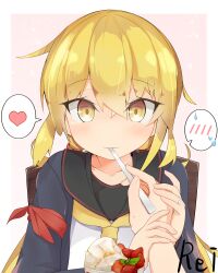 Rule 34 | 1girl, 1other, absurdres, black sailor collar, blonde hair, blue jacket, commentary request, etsuransha no rei, feeding, food, heart, highres, holding hands, ice cream, jacket, jewelry, kantai collection, long hair, long sleeves, looking at viewer, low twintails, neckerchief, pov, ring, sailor collar, sailor shirt, satsuki (kancolle), satsuki kai ni (kancolle), school uniform, serafuku, shirt, spoken blush, spoken heart, spoon, twintails, upper body, wedding ring, white shirt, yellow eyes, yellow neckerchief