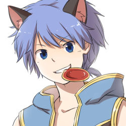 Rule 34 | 1boy, alternate color, animal ear fluff, animal ears, black coat, blue coat, blue eyes, blue hair, cat ears, champion (ragnarok online), coat, commentary request, cup, gold trim, grin, hood, hooded coat, looking at viewer, male focus, mouth hold, multicolored coat, natsuya (kuttuki), open clothes, open coat, ragnarok online, sakazuki, short hair, short ponytail, simple background, sleeveless, sleeveless coat, smile, solo, two-tone coat, upper body, white background
