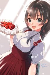 Rule 34 | 1girl, agano (kancolle), black hair, blush, breasts, cake, dated, food, green eyes, kantai collection, koruri, large breasts, long hair, name tag, one-hour drawing challenge, open mouth, red skirt, shirt, short sleeves, skirt, smile, solo, suspender skirt, suspenders, twitter username, white shirt, window