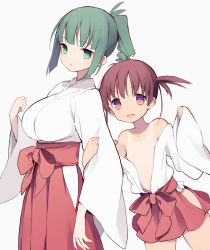 Rule 34 | 2girls, arm grab, blunt bangs, blush, breasts, brown hair, flat chest, green eyes, green hair, grey background, hakama, hakama skirt, highres, itsumi (itumiyuo), japanese clothes, large breasts, looking at viewer, miko, multiple girls, open mouth, parted lips, ponytail, purple eyes, ringlets, saki (manga), sidelocks, simple background, skirt, sleeves past wrists, smile, takimi haru, tan, tanline, twintails, usuzumi hatsumi