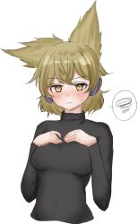 Rule 34 | 1girl, alternate breast size, alternate costume, black sweater, blonde hair, blush, breasts, closed mouth, cropped torso, earmuffs, hands on own chest, highres, long sleeves, looking at viewer, medium breasts, medium hair, nose blush, pipita, pointy hair, simple background, size, solo, sweatdrop, sweater, touhou, toyosatomimi no miko, turtleneck, turtleneck sweater, upper body, white background, yellow eyes