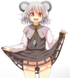 Rule 34 | 1girl, animal ears, capelet, censored, clothes lift, convenient censoring, dress, dress lift, gem, gluteal fold, grey dress, grey eyes, jewelry, mouse ears, nazrin, necktie, no panties, open mouth, pendant, red eyes, skirt, skirt lift, skirt set, smile, solo, tori (minamopa), touhou