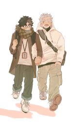 2boys akaashi_keiji arm_up backpack bag black-framed_eyewear black_hair black_pants black_shirt bokuto_koutarou brown_coat brown_pants buttoned_cuffs buttons coat colored_eyelashes commentary couple covered_mouth drawstring full_body glasses haikyuu!! hand_in_pocket hashtag-only_commentary highres holding_hands hood hood_down hoodie interlocked_fingers kuaiziiii lanyard layered_clothes layered_sleeves long_sleeves looking_to_the_side male_focus messenger_bag multiple_boys one_eye_closed open_mouth pants plaid_clothes plaid_scarf scarf school_bag shadow shirt shoelaces shoes short_hair shoulder_bag side-by-side sideways_glance smile sneakers spiked_hair sweater thick_eyebrows turtleneck white_footwear white_hair white_hoodie white_sweater yaoi