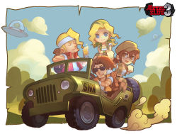 Rule 34 | 2boys, 2girls, :d, alcohol, alien, backpack, bag, bandana, beer, blonde hair, blue eyes, bread, brown eyes, brown hair, car, chibi, cigarette, closed eyes, closed mouth, cloud, copyright name, drink, driving, fio germi, food, glasses, hat, head scarf, headband, jeep, kalata, kasamoto eri, loaf of bread, looking at viewer, marco rossi, metal slug, military, military vehicle, motor vehicle, mouth hold, multiple boys, multiple girls, open mouth, ponytail, short sleeves, shorts, sitting, sky, smile, smoking, sunglasses, tarma roving, ufo, vehicle, vehicle focus, vest