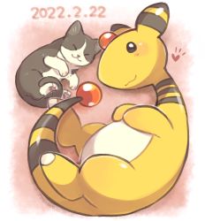 Rule 34 | :3, ampharos, black eyes, blush, cat, closed mouth, commentary request, creatures (company), dated, from above, game freak, gen 2 pokemon, heart, lying, nintendo, no humans, notice lines, on side, pokemon, pokemon (creature), signature, smile, tansho