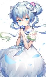 Rule 34 | 1girl, absurdres, blue bow, blue eyes, blue flower, blue hair, bow, closed mouth, collared shirt, commentary request, double bun, dress, flower, frilled dress, frills, gradient hair, green hair, hair between eyes, hair bow, hair bun, hands up, highres, holding, holding flower, multicolored hair, ongeki, petals, pink flower, puffy short sleeves, puffy sleeves, see-through, see-through sleeves, shirt, short sleeves, simple background, smile, solo, suzushima arisu, torokeru none, twintails, white background, white bow, white dress